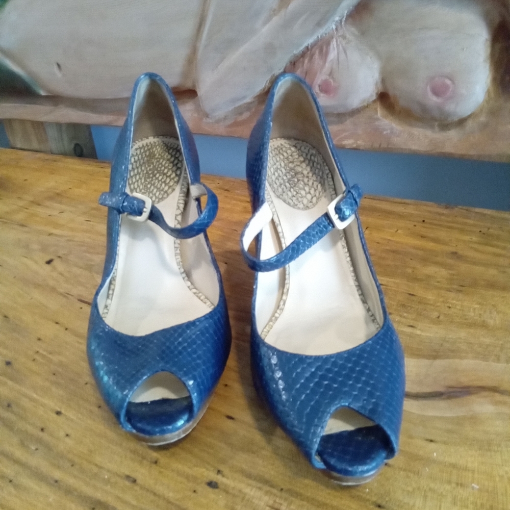 Cole Haan Size 7 Elegant Blue Snakeskin Dress Shoes w/ 3" Heel & Peep Toe